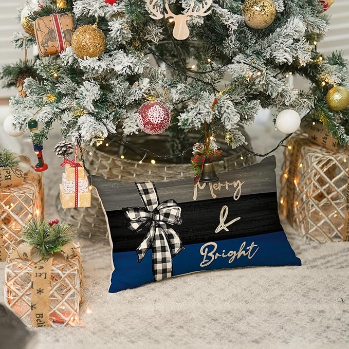 AVOIN colorlife Merry Christmas Joy Xmas Trees Blue and Black Throw Pillow Covers, 12 x 20 Inch Christmas Winter Holiday Cushion Case Decoration for Sofa Couch Set of 4