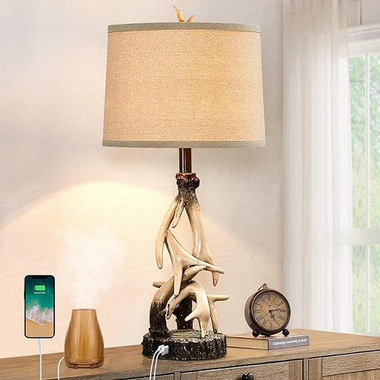 28" Farmhouse Table Lamp for Living Room, Western Rustic Lamp with USB Charging Ports Country Cabin Bedside Antler Lamps for Bedroom Foyer Office Vintage Rotary Control Single Brown- Bulb Not Included