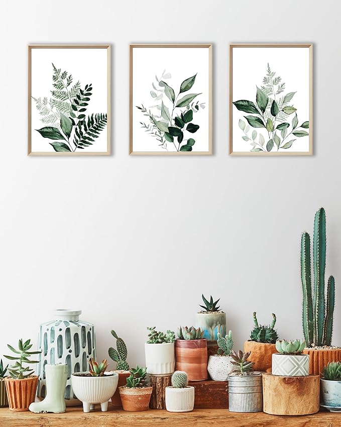 UPWOIGH 12x16 in Green Framed Wall Art, Olive Leaf Plant Canvas Wall Decor, Set of 3 Neutral Botanical Prints Artwork for Living Room and Bedroom, Gift