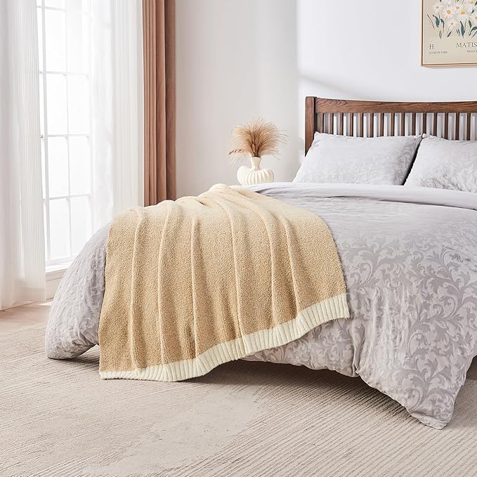 CozeCube Melange Blanket, Ultra Soft Khaki Tan and White Throw Blanket, Warm Cozy Knit Fuzzy Plush Reversible Throw for Couch Bed Sofa, 50"x60"