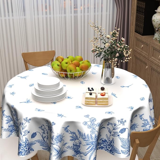 Spring Tablecloth 60 Inch Round Chinoiserie Floral Tablecloths Rustic Vintage Flower Tablecloths Blue Floral Bird Table Cloth Table Cover Spring Decoration for Home Holiday Party Kitchen Dining Picnic