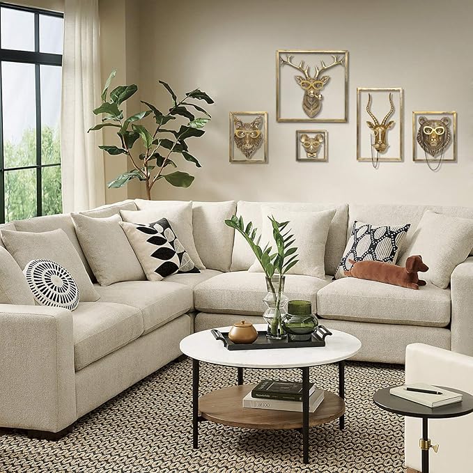 Animal Heads Wall Decor (5pcs, Includes Metal Frame) Resin Animals Sculptures Head Wall Hanging Decoration Gold vintage Wall Sculpture for Living Room Bedroom Office