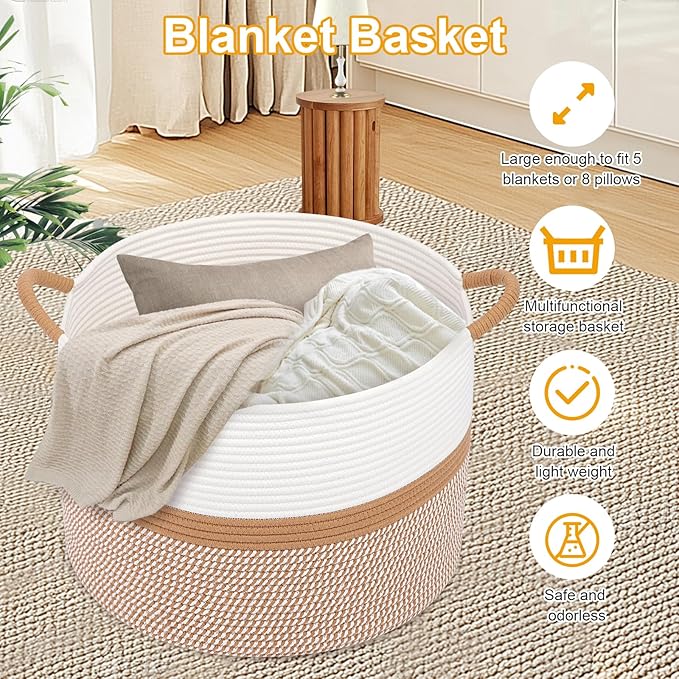 Laundry Basket,Laundry Hamper,20''x13''Woven Cotton Rope Blanket Basket in Living Room;Toy storage;Nursery hamper,Pillows,Girls Kids Baby Toy chest,Baskets for storage,Decor (White/Brown)