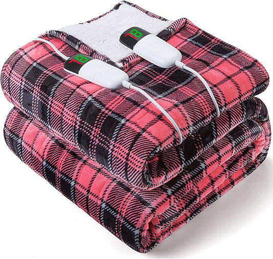 Pink Heated Blanket Electric, Queen Size 84X90, 10 Heat Levels/8 Hours Auto Off/Dual Control for Bed, Blue Plaid Checkered Sherpa Blanket Warmer for Adult, Washable Gift, ETL