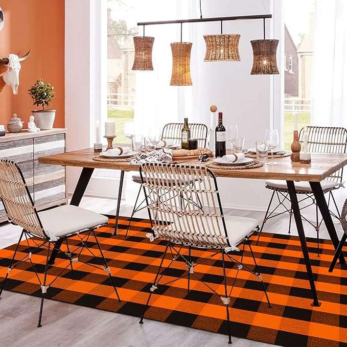 SEEKSEE Cotton Buffalo Plaid Rug 4'x6' Orange and Black Checked Rug Washable Doormats Indoor Outdoor Rugs for Layered Front Door Mats, Porch, Kitchen, Farmhouse, Entryway