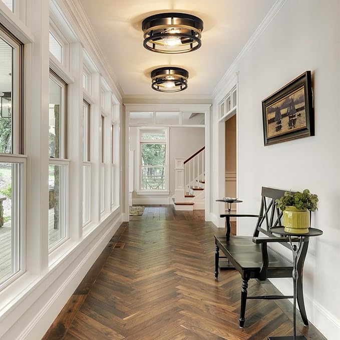 2 Light Industrial Ceiling Light Black Gold Semi Flush Mount Lights Close to Ceiling Light Fixtures,cage design Farmhouse Ceiling Lighting for Kitchen Bedroom Bathroom Foyer Hallway (E26, 2Pack)