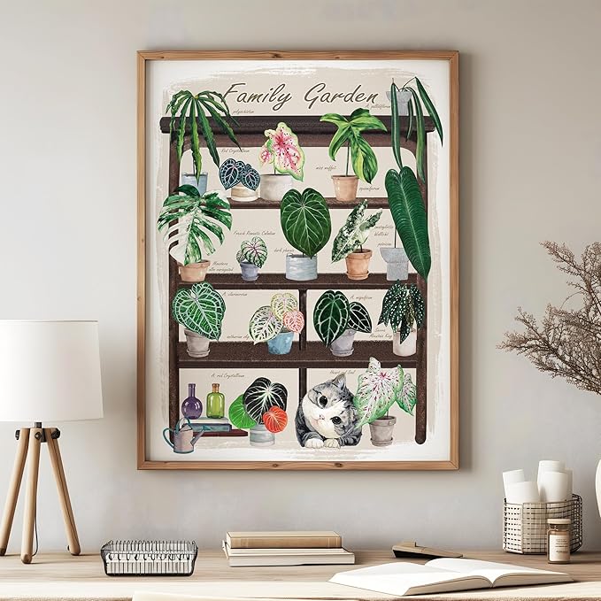 TimAsh Unframed Funny Cat Botanical Wall Art Family Garden Modern Green Plant Decor Tropical Boho Style Cute Kitten Canvas Prints for Bedroom Bathroom Living Room 16'' x 12''