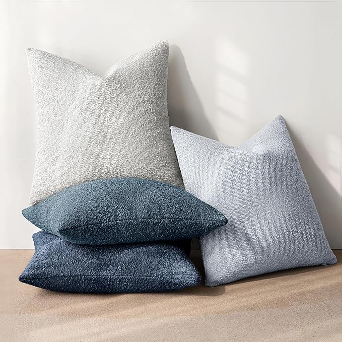 MIULEE Pack of 4 Decorative Textured Boucle Throw Pillow Covers 18x18 Inch Neutral Blue Accent Solid Pillow Cases Couch Cushion Covers for Modern Farmhouse Boho Chair Sofa Bed Livingroom Home Decor