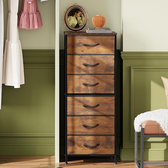 WLIVE Tall Dresser for Bedroom, 6 Drawer Dressers & Chests of Drawers, Fabric Dresser for Closet, Night Stand with Metal Frame, Storage Tower with Fabric Bins, Wood Top, Rustic Brown Wood Grain Print