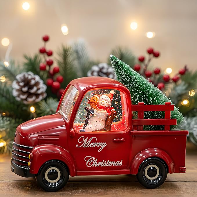 Xindian Musical Red Truck Snow Globe with Swirling Glitter, Snowman & Dog, Carrying Christmas Tree, Spinning Water Lantern for Christmas Decor