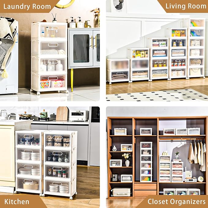 4-Tier Stackable Storage Bins with Lid, 23QT Storage Containers,Clear Foldable Plastic Drawer Storage on Wheels,Closet Organizers and Storage for Living Room,Bedroom,Office,Dorm