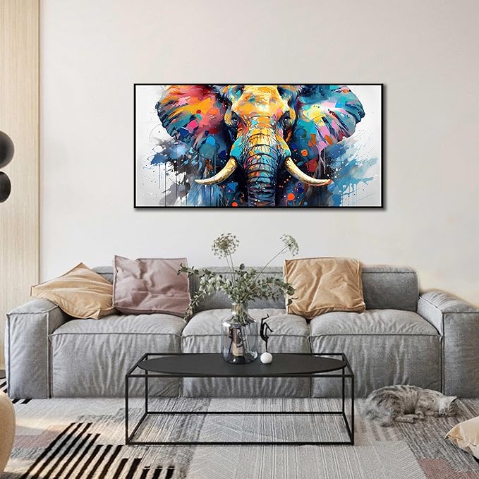 ZHAOSHOP Elephant Wall Art for Living Room - Blue Canvas Wall Art for Office - Teen Bedroom Decor Boys with Black Framed Size 24" x 48"