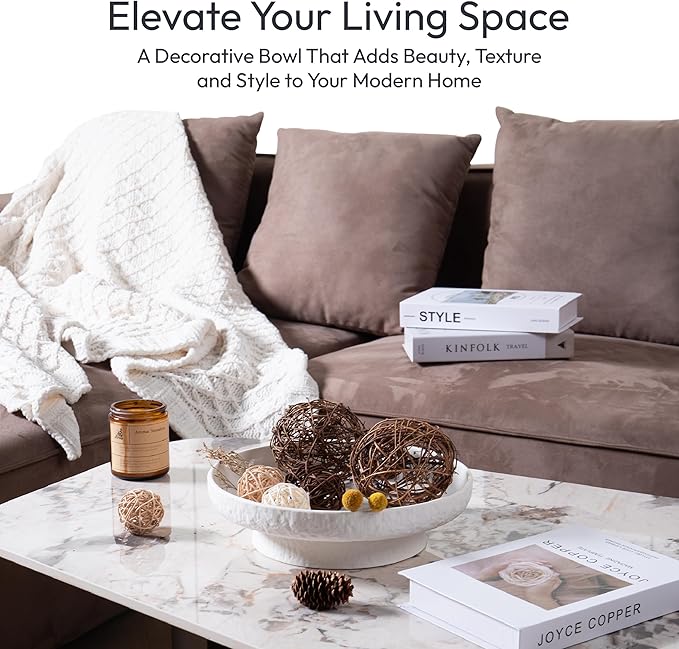 Granite Inspired Matte White Fruit Bowl | Wide, Shallow Textured Pedestal Bowl | 11 Inch Unique Centerpiece for Table or Decor for Entryway Table