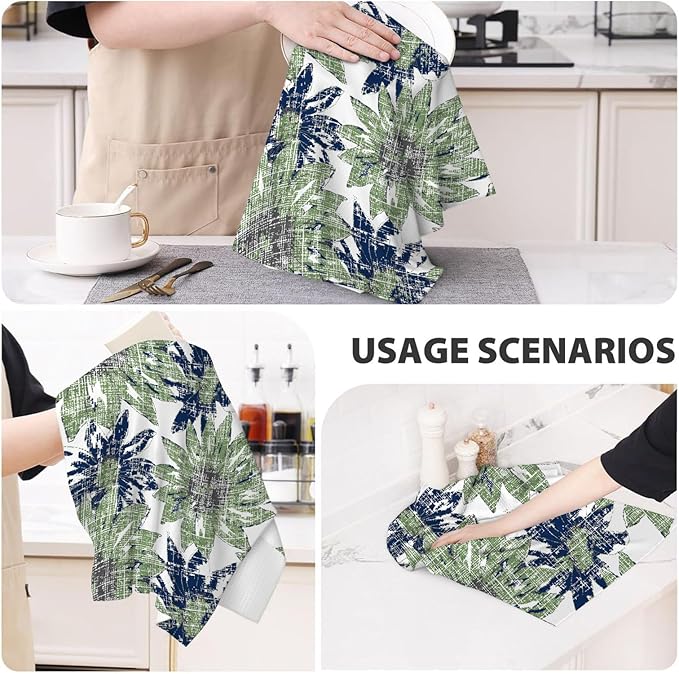 Sage Green Kitchen Towels 16x24 Inch Navy Blue Vintage Floral Decor Dish Towels Boho Flower Spring Summer Seasonal Decoration Hand Towels Absorbent Dish Cloths for Home Kitchen Dining Set of 2