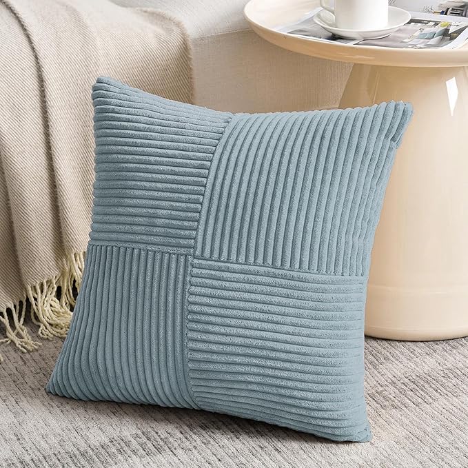 Fancy Homi Set of 4 Light Blue Decorative Throw Pillow Covers 20x20 Inch for Living Room Couch Bed Sofa, Farmhouse Boho Home Decor, Soft Cross Corduroy Patchwork Accent Square Cushion Case 50x50 cm