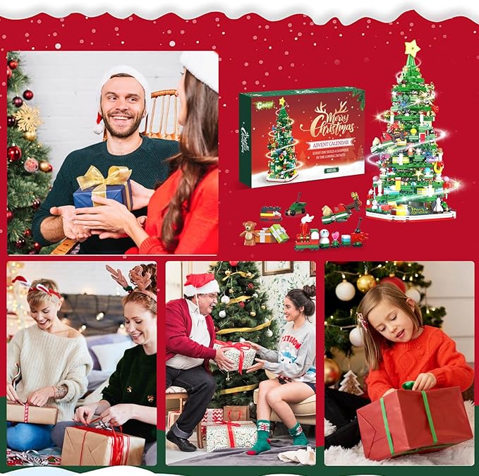 Advent Calendar 2025 Adult Teen Boy Girls Kids Christmas Tree Building Set Toys with Led light, Holiday 24 Days Christmas Countdown Calendars Xmas Tree, Fun Cute Gifts (1083 PCS)
