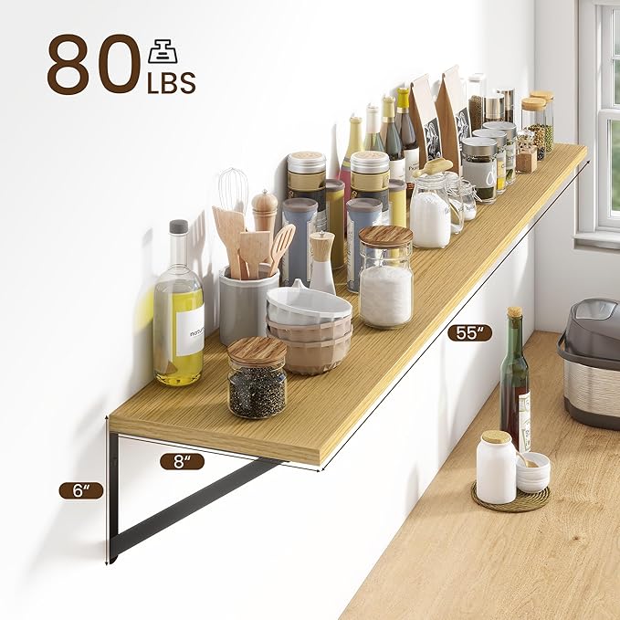 Fun Memories Deep Floating Shelves for Wall, 55W x 8D Wall Mounted Shelves Set of 2, Wide Display Ledge Shelf with Sturdy Metal Brackets for Living Room, Bathroom, Bedroom and Kitchen, Oak