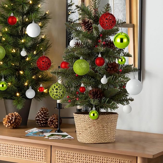 Christmas Balls Tree Ornaments, Shatterproof Christmas Decorations Set with Reusable Hand-held Gift Package for Holiday Xmas Tree Decor(Red, Green & White)