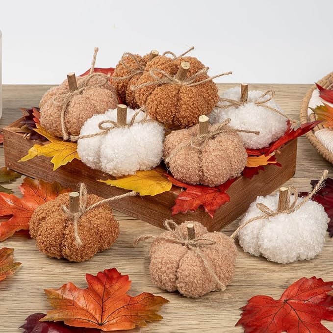 Fall Pumpkin Decorations for Home, 9 Pcs Artificial Mini Fabric Pumpkins Autumn Decor, Fake Pumpkins for Decorating, Fall Wedding Table Centerpiece Mantel Decor, Thanksgiving Halloween Decor Indoor