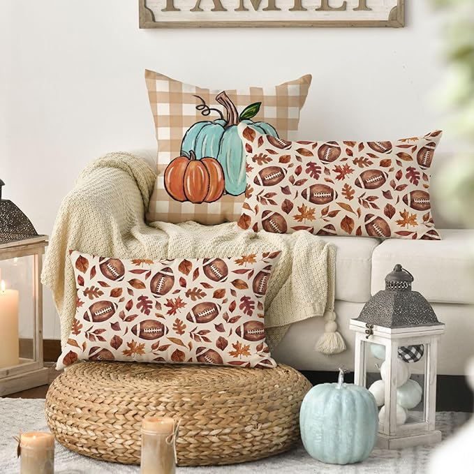AVOIN colorlife Fall Football Maple Leaves Throw Pillow Covers 12x20 Inch, Seasonal Autumn Thanksgiving Harvest Cushion Case Decoration for Sofa Couch Set of 2