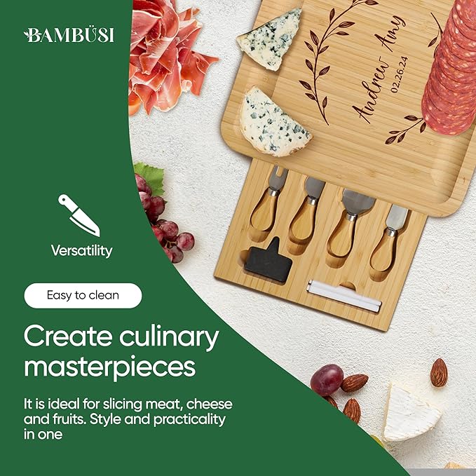Personalized Charcuterie Board Gift Set - Engraved Bamboo Cheese and Meat Platter, Custom Cutting Board for Wedding, Housewarming Gifts New Home, Birthday, Anniversary, Newlywed, Kitchen Serving Tray