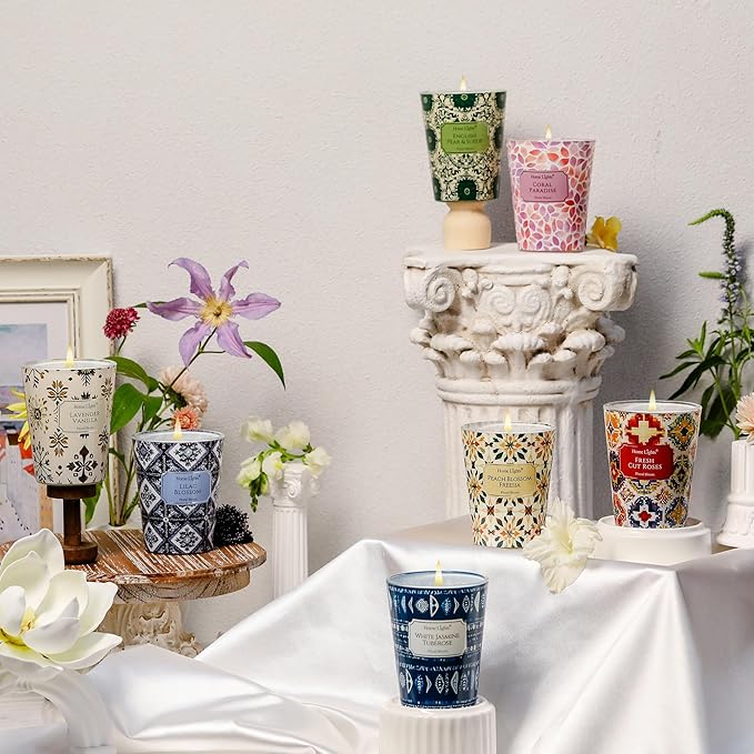 HomeLights Soy Wax Candles for Home Scented, 1-Wick Candles in Lavender Vanilla Scented, Aromatherapy Candles Gift for Parties, Relaxing, Bohemian Natural Textures, 6.7oz