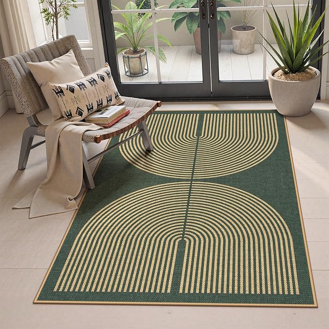 Lahome Modern Rainbow Easy Jute Entry Rug, 3x5 Washable Outdoor Patio Porch Rug, Farmhouse Non Slip Non Shedding Dark Green Carpet for Dorm Living Room Deck Front Door Kitchen