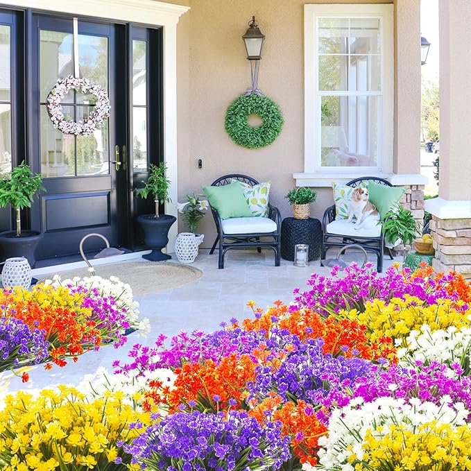 Artificial Fake Flowers, 12 Bundles Outdoor UV Resistant Greenery Shrubs Plants Indoor Outside Hanging Planter Home Garden Décor (Purple)