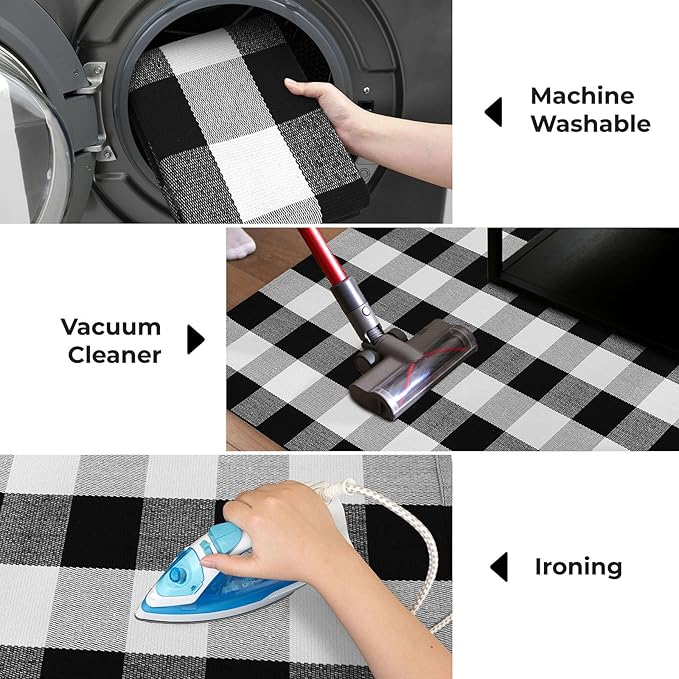 KOZYFLY Buffalo Plaid Area Rugs 2x3 Ft Black and White Checkered Rug Washable Front Door Mat Hand Woven Cotton Outdoor Rug Small Rug for Front Porch Kitchen Entryway Patio Bathroom