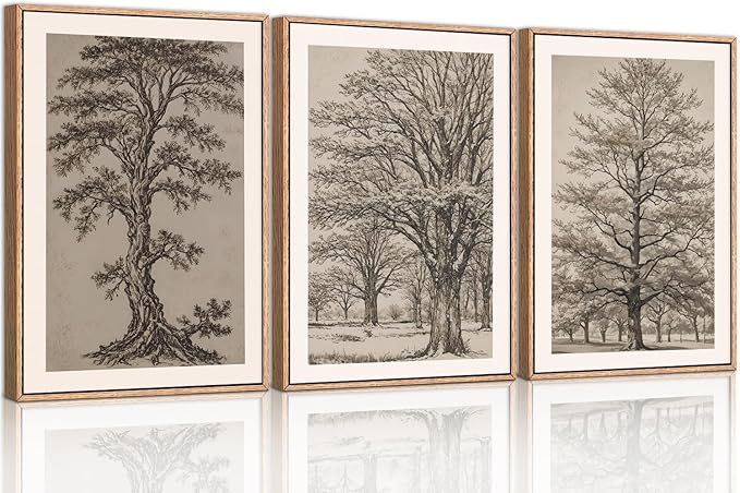 HOURIA Vintage Tree Sketch Framed Canvas Wall Art Set,Natural Brown and Gray Woodland Wall Decor,Mid Century Nature Forest Artwork,Textured Botanical Art Print for Living Room,Bedroom,Office-24"x36"x3