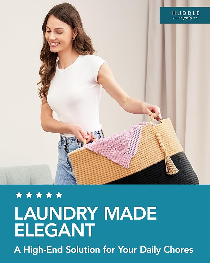 XXXXL WASHABLE Blanket Basket Living Room Boho 24" x 17" 2PCs Toy Baskets Woven Rope Basket for Blankets,Pillows,Throws,Laundry + Small Tray | Woven Storage Wicker (Black & Brown)