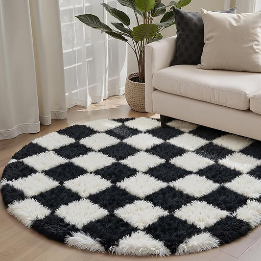 Checkered Rug 4x4 for Living Room, Black and White Modern Shag Super Soft Washable Fluffy Rugs Indoor Fuzzy Carpet for Bedroom Home Dorm Aesthetic Decor