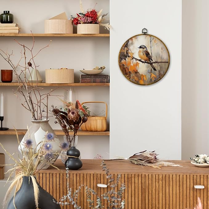 Mcehtle Vintage Fall Bird Wall Art Decor, Rustic Autumn Bird on Branch Framed Canvas Prints 10x10, Retro Thanksgiving Farmhouse Round Wall Hanging Artwork Decorations for Home Bedroom Gallery