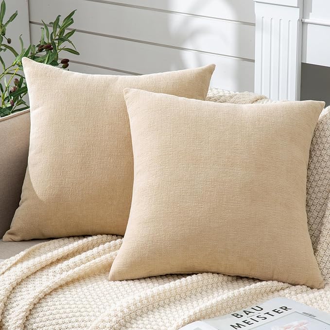 GAWAMAY Decorative Square Throw Pillow Covers 18"x18" Inch Set of 2, Super Soft Chenille Pillows Farmhouse Fall Pillowcase for Living Room Bedroom Sofa Couch Cushion Cover Beige 45x45cm (No Insert)