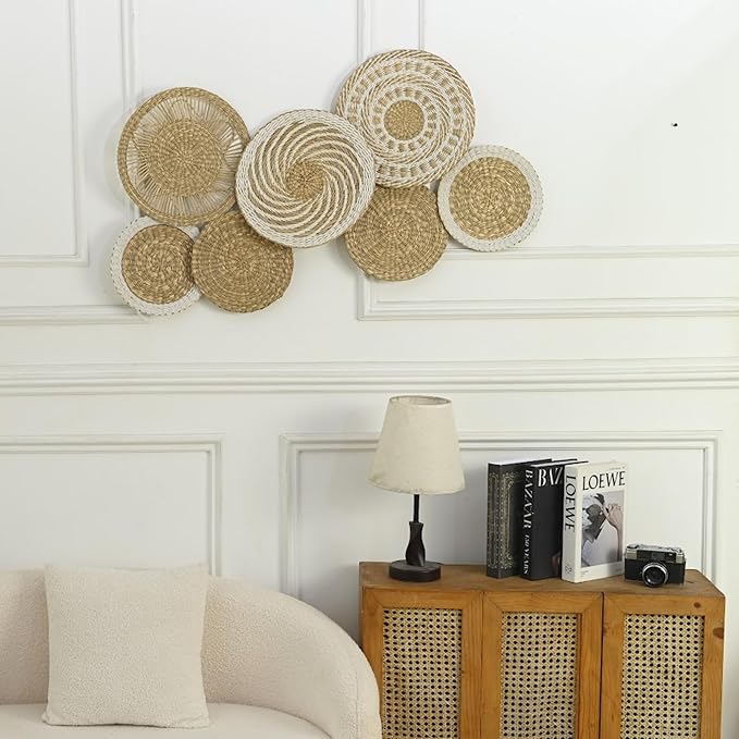 Wicker Wall Decor Set – Boho Basket Wall Art, Natural Woven Wall Art for Living Room Bedroom, Seagrass Decorative Plates For Wall Hanging, Flat and Lightweight