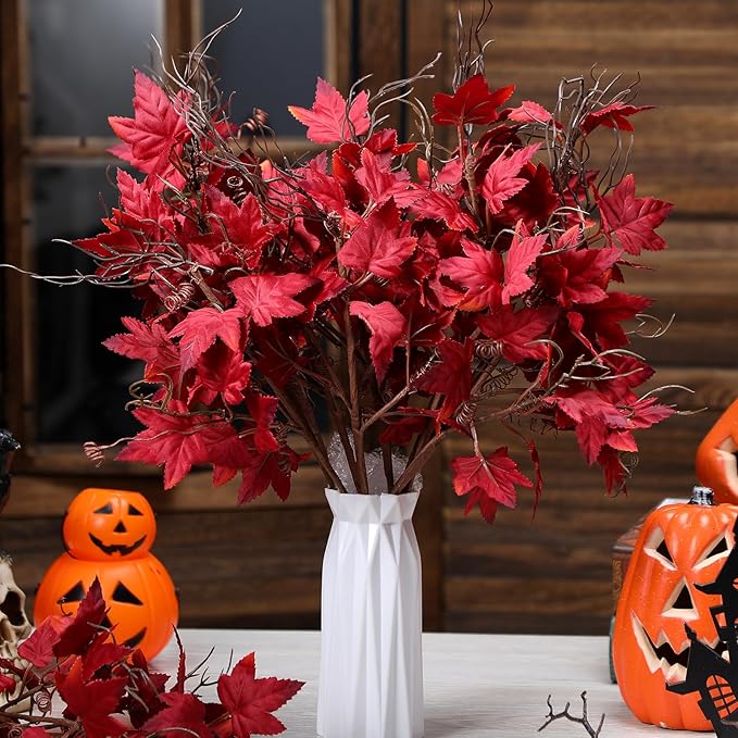 12 Pcs 19.7 Inch Artificial Halloween Flowers Decorations Burgundy Floral Stem Leaves Picks Branches Gothic Halloween Table Decorations for Home Indoor Party Vase Arrangement Decor