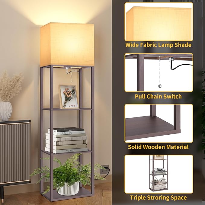 Dott Arts Floor Lamp with Shelves, Wide Floor Lamps for Living Room Display Shelf Lamps with 3 Color LED Bulb,Storage Wood Modern Floor Lamp for Bedroom Standing Lamp for Living Room Office（Walnut）