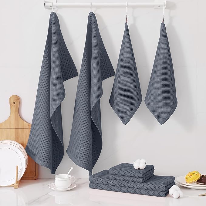 Homaxy 100% Cotton Kitchen Towels and Dishcloths Set, 12 x 12 Inches and 13 x 28 Inches, Set of 8 Bulk Kitchen Towels Set, Ultra Soft Absorbent Dish Cloths for Washing Dishes, Dark Grey