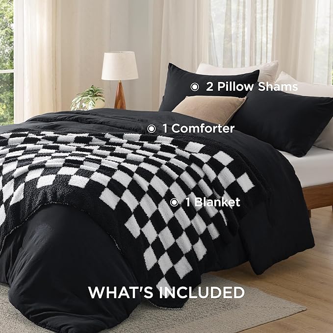 Bedsure Queen Comforter Set with Checkered Throw Blanket for Couch - 4 Pieces, 1 Black Comforter Queen Size, 2 Pillow Shams, 1 Checkered Blanket, Super Soft, Lightweight & Fluffy for Bed & Sofa