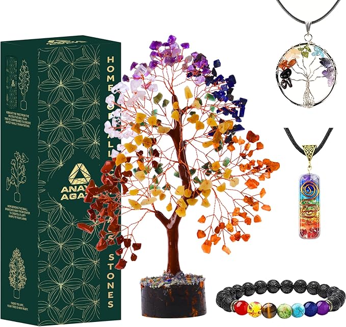 7 Chakra Crystal Tree of Life with Healing Necklace, and Chakra Bracelet - Gemstone Money Bonsai Trees - Gift for Women, Crystals and Healing Stones, Crystal Tree for Home, Office, Living Room Decor