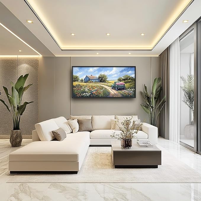 Flintis Large Farmhouse Barn Framed Wall Art Country Green Truck Flowers Pictures Wall Decor Abstract Canvas Painting Print Artworks Decor Framed for Living Room Bathroom Master Bedroom 60L X 30W