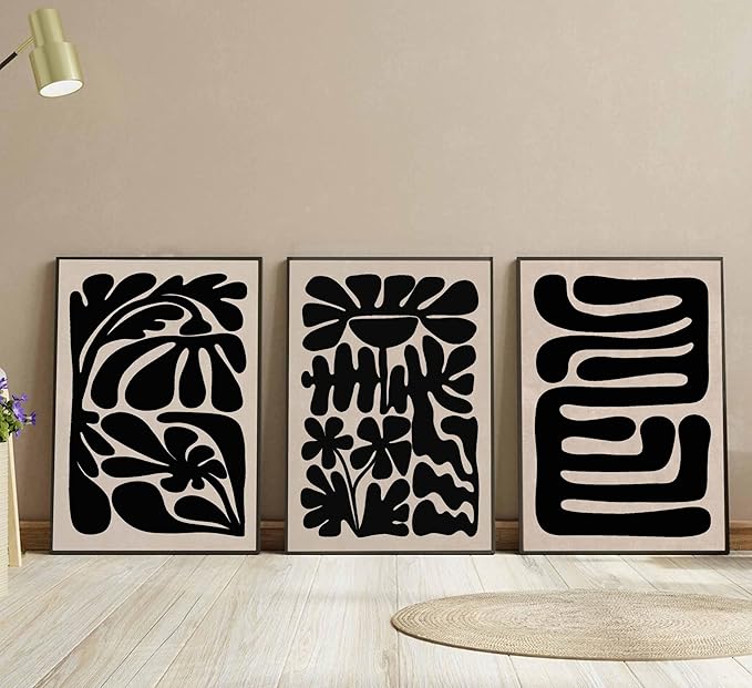 3 Pcs Boho Abstract Floral Canvas Wall Art Mid Century Modern Minimalist Black Neutral Flower Botanical Picture Wall Decor Poster Print Artwork for Living Room Bedroom Home Decoration Unframed
