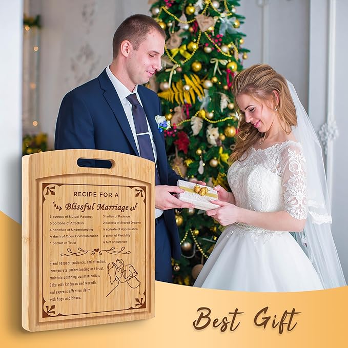 Joeyan Cutting Boards Wood Engraved Marriage Recipe Present for Wedding Engagement New Couples 2025 Bride Groom Bridal Shower Registry Anniversary Newlyweds Mr Mrs with Gift Box Double Side Grooves