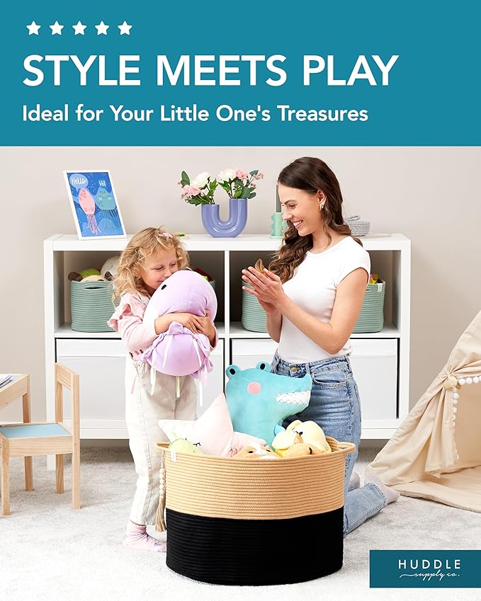 XXXXL WASHABLE Blanket Basket Living Room Boho 24" x 17" 2PCs Toy Baskets Woven Rope Basket for Blankets,Pillows,Throws,Laundry + Small Tray | Woven Storage Wicker (Black & Brown)