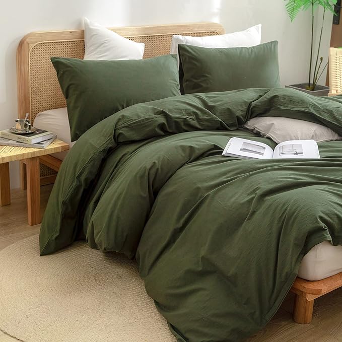 BESTOUCH Duvet Cover Set 100% Washed Cotton Linen Feel Super Soft Comfortable Chic Lightweight 3 PCs Home Bedding Set Solid Olive Green Full/Double