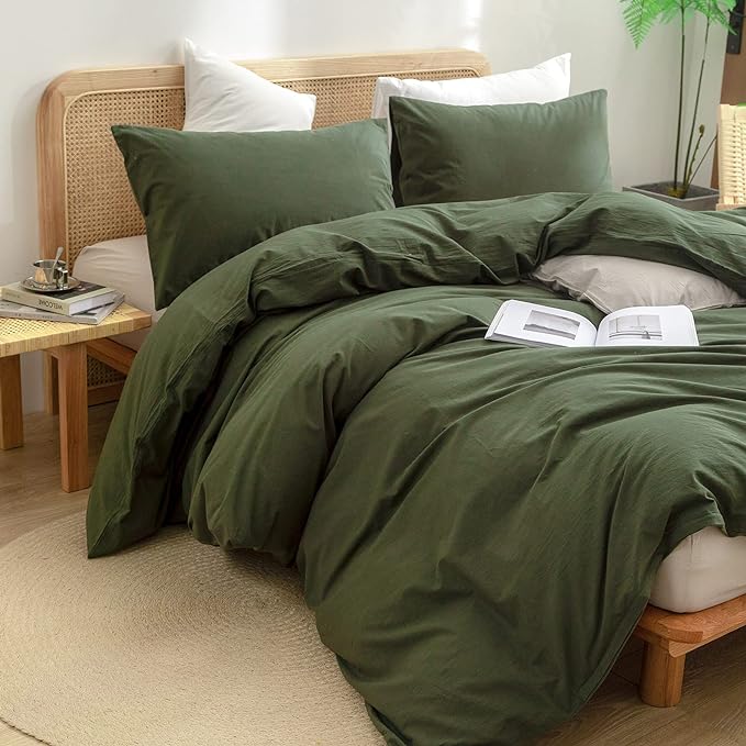 BESTOUCH Duvet Cover Set 100% Washed Cotton Linen Feel Super Soft Comfortable Chic Lightweight 3 PCs Home Bedding Set Solid Olive Green Oversized King