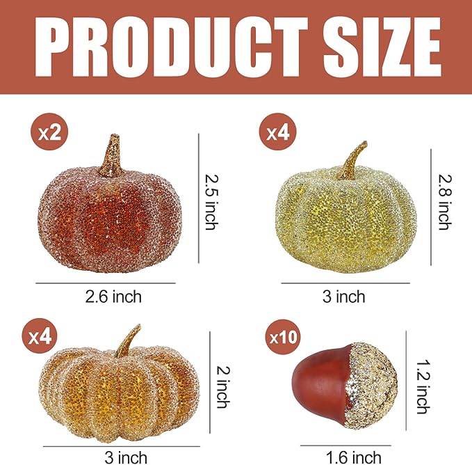 Glitter Mini Pumpkin Decor Indoor 22PCS Halloween Pumpkins for Fall Decorations for Home Fall Centerpieces for Tables Outdoor Harvest Thanksgiving Party/Acorns Autumn Fillers Decor