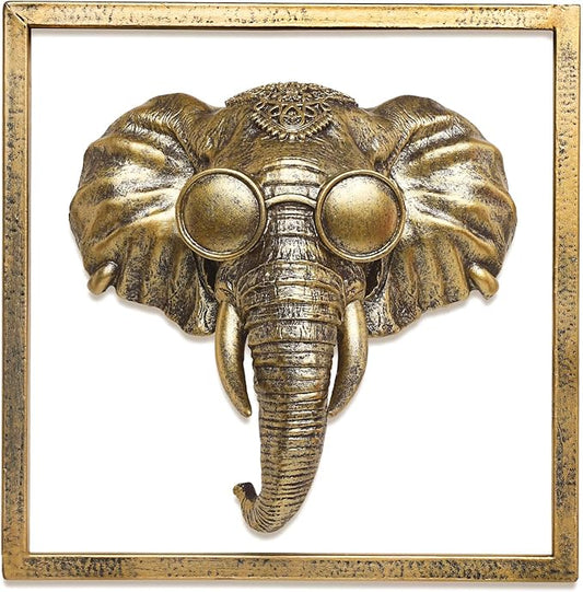 Animal Heads Wall Decor (Includes Metal Frame) Resin Animals Sculptures Head Wall Hanging Decoration Gold vintage Wall Sculpture for Living Room Bedroom Office (Elephant)
