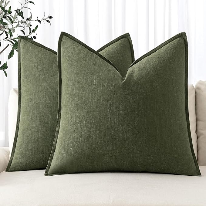 MIULEE Decorative Linen Pillow Covers 20x20 Inch Dark Olive Green Boho Farmhouse Neutral Couch Throw Pillows for Bed Pack of 2 Accent Modern Pillowcase Sofa Livingroom Home Decor