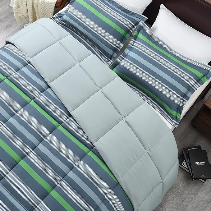 Beyond Basic King Size Comforter Set - Green & Grey Striped, Lightweight Down Alternative Bed Comforter Set (Green/Grey, King)